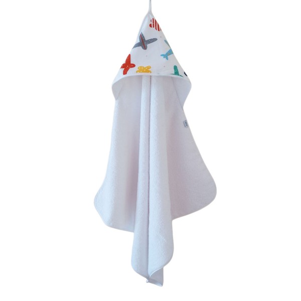 Βρεφική πετσέτα με κουκούλα με σχέδιο πολύχρωμα αεροπλάνα 75x75cm