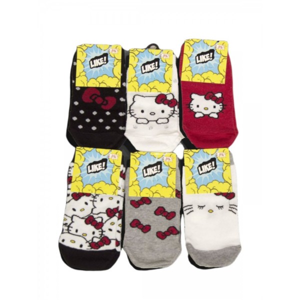 Σετ 6 ζευγάρια κάλτσες σοσόνι λευκό- κόκκινο- μαύρο με σχέδιο γατούλα